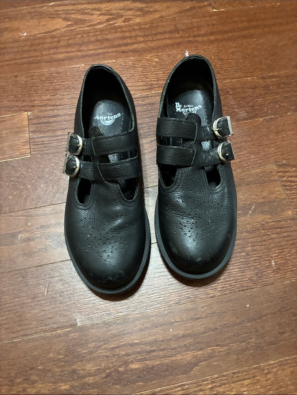 Dr. Martens Black Double-Strap Mary Jane Shoes with Silver Buckles
